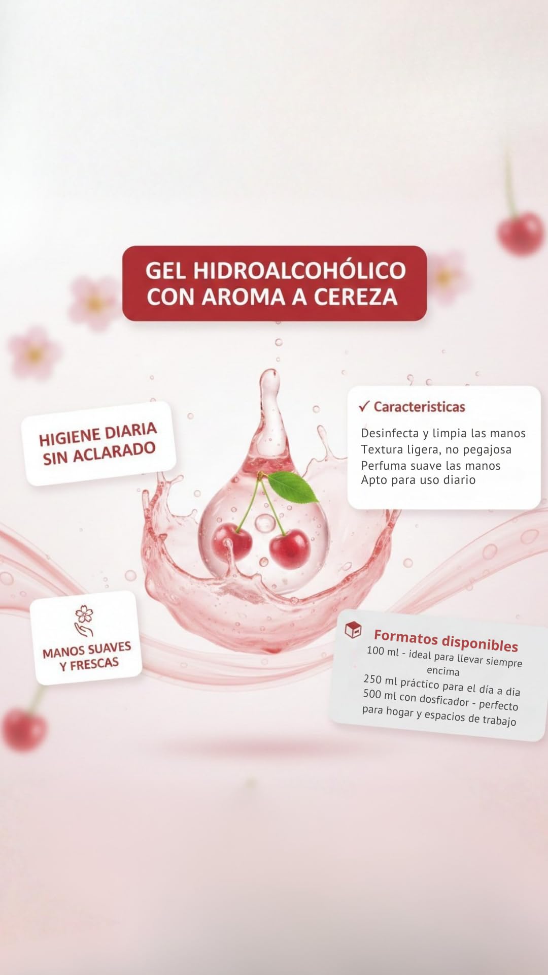 Gel Hidroalcohólico Lavanya Aroma Cereza 500 ml con Dosificador – Gel Antibacterial Manos, Rápida Absorción, No Pegajoso