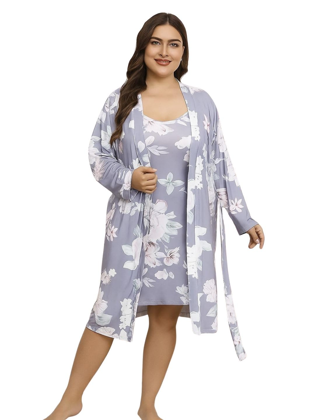 Women’s Floral Printed Nightwear Set – Soft Cotton Hosiery Short Nighty with Matching Robe in Lavender Color, Plus Size Comfortable Sleepwear for Ladies-image-22