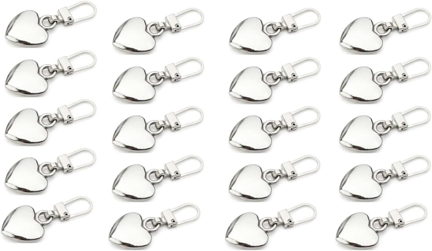 20 Pcs Silver Heart Shape Zipper Pull Detachable Cute Creative Zippers Replacement Repair Kits for Coats Jackets Pants Luggage Sewing Notions Supplies