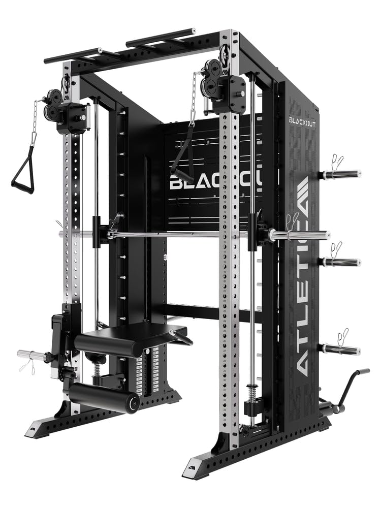 ATLETICA Blackout | stacja kulturystyczna premium | wielofunkcyjna prasa wielofunkcyjna z uprights ze stali nierdzewnej 75 x 75 mm, maszyna Smith Machine, trenażer funkcjonalny o wadze 2 x 90 kg i