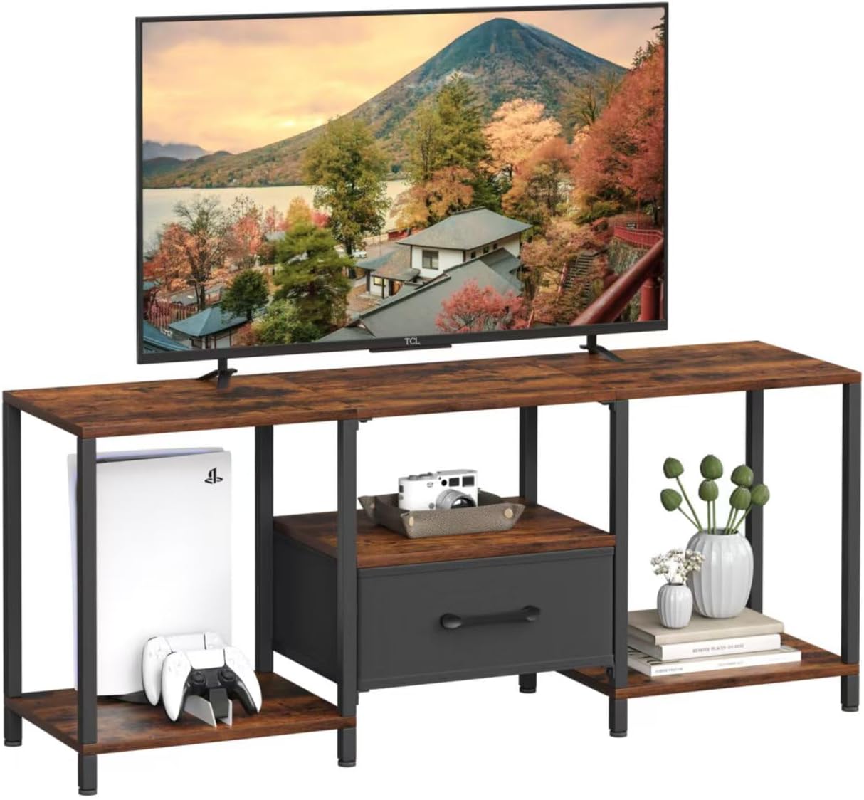 TV Stand with Fabric Drawer for 55 Inch TV, Entertainment Center with Open Shelves, Media TV Console Table for Living Room, Bedroom, Rustic Brown
