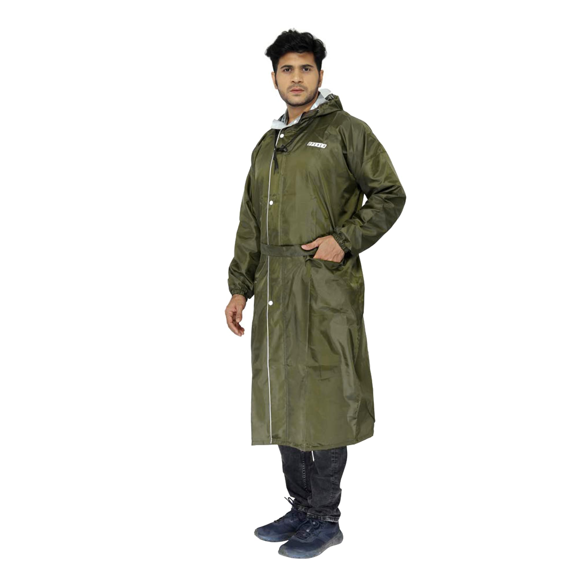 Men And Women Reversible Waterproof Polyester Knee Length Raincoat With Adjustable Hood And Reflector At Back For Night Visibility