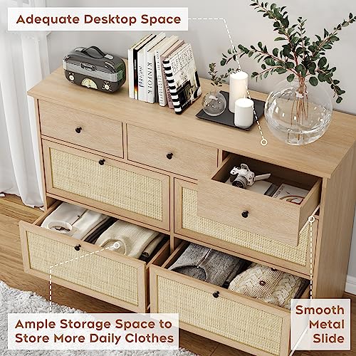 Brafab 47.2'' Rattan Dresser for Bedroom, 7 Drawer Mid-Century Natural Wood Dressers, Long Dresser TV Stand, Boho Closet Organizer Chests of Drawer - Image 5