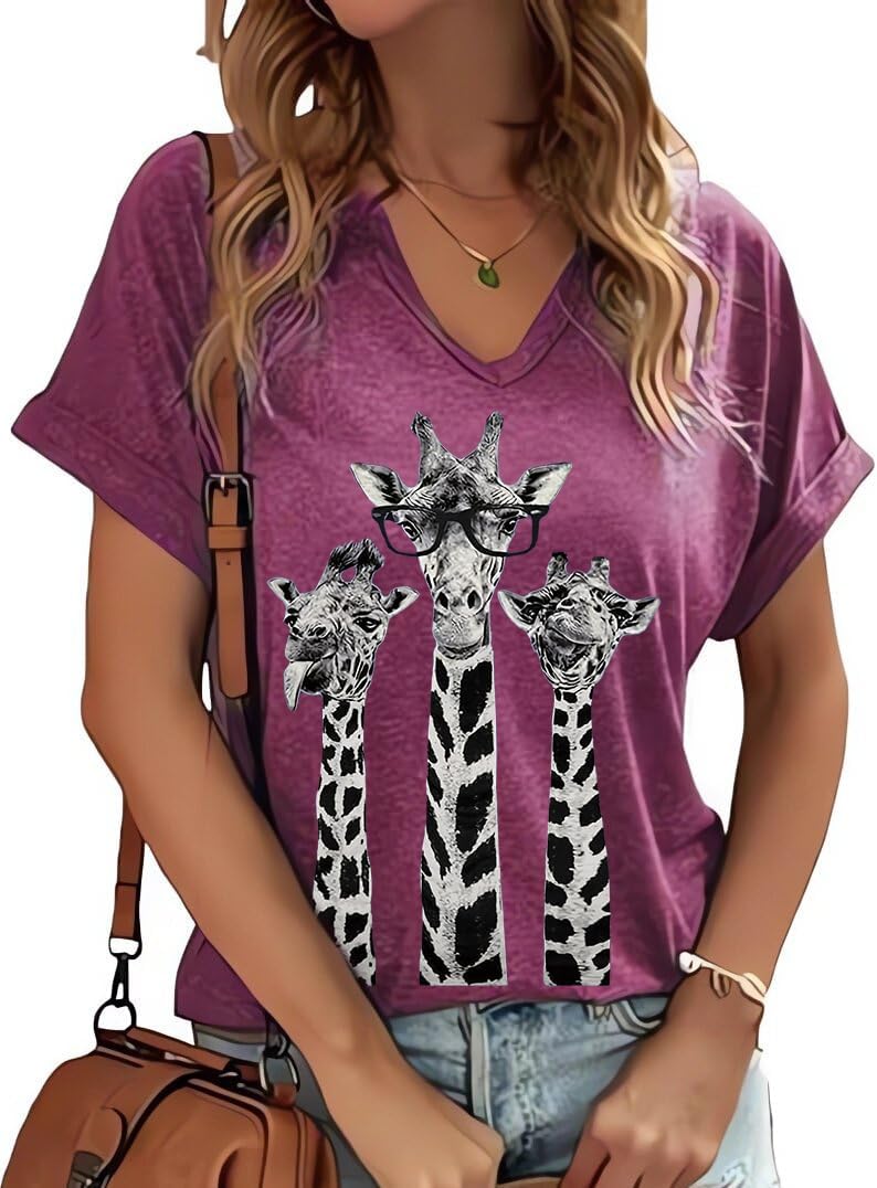 Funny Giraffe Graphic V Neck Shirts for Women Casual Short Sleeve Animal Lover Summer Tee Tops