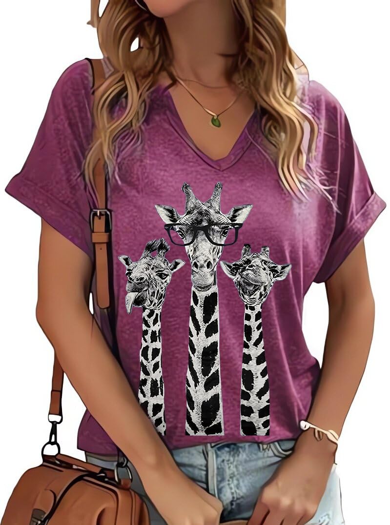 PUCKOLITY Funny Giraffe Graphic V Neck Shirts for Women Casual Short Sleeve Animal Lover Summer Tee Tops