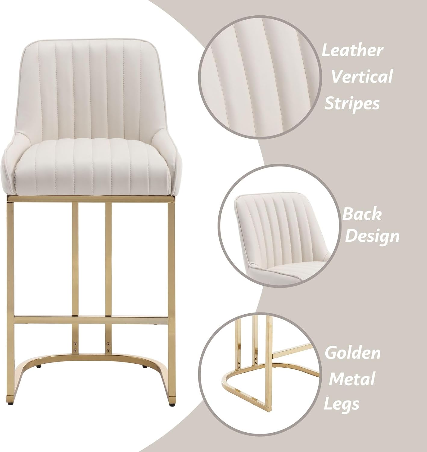 ROCITY Beige Leather Counter Stools with Gold Legs 26 Inch Modern Counter Height Bar Stools Set of 2 Upholstered Kitchen Island Chairs with Back