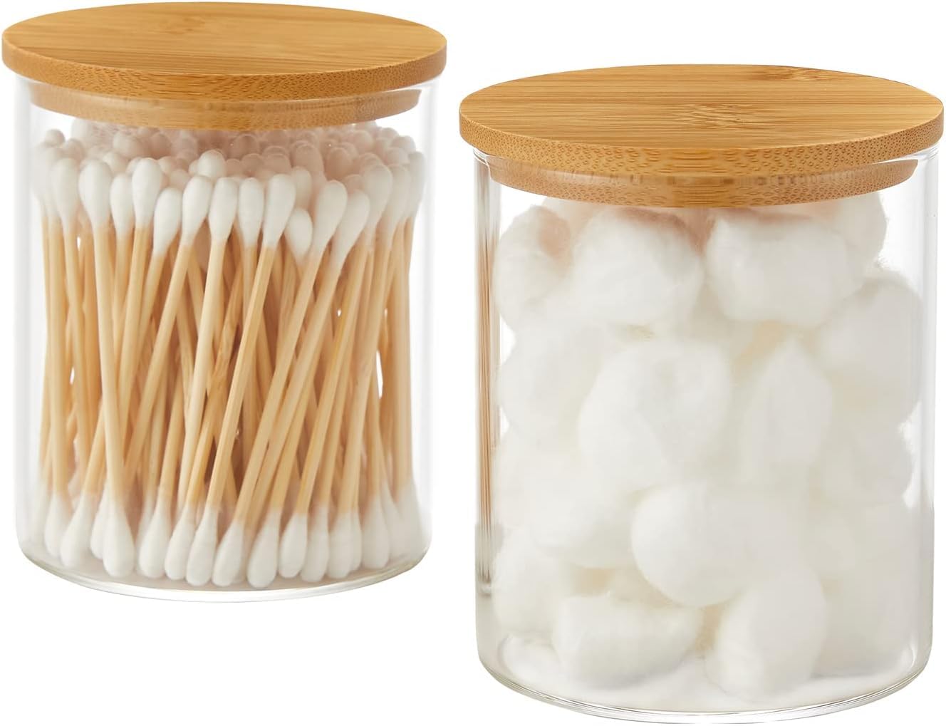 BIG CART 2 Pcs Glass Qtip Holder with Wood Lids, 16 oz Apothecary Jars Cotton Swabs Dispenser, Cotton Pads Canister for Bathroom Storage Organizer