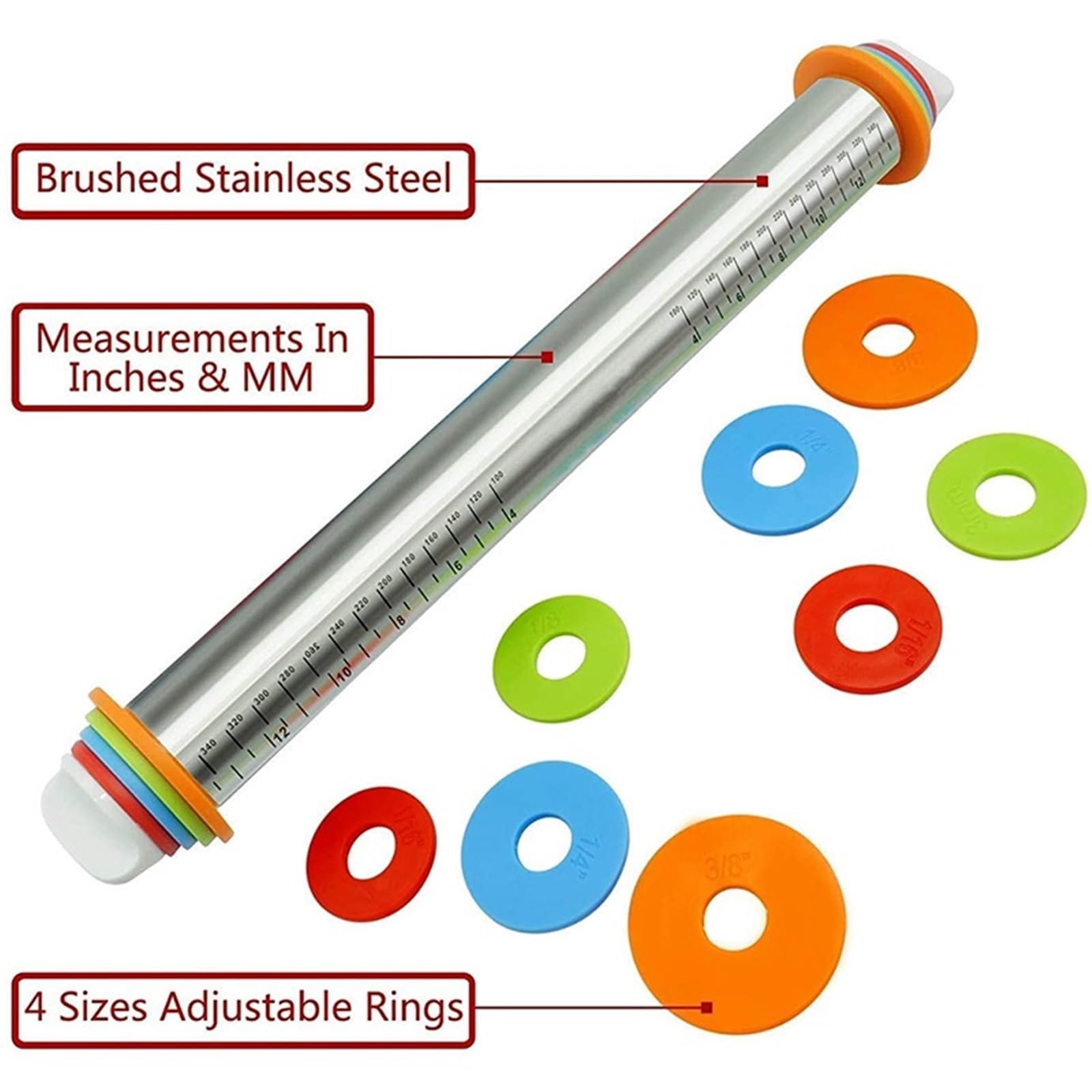 Tapete De Silicona Para Hornear Rodillo de acero inoxidable 43 cm (17 pulgadas) ajustable, tapete silicona for hornear, ideal for masa galletas, pasteles, pizza y tartas(Red Set)