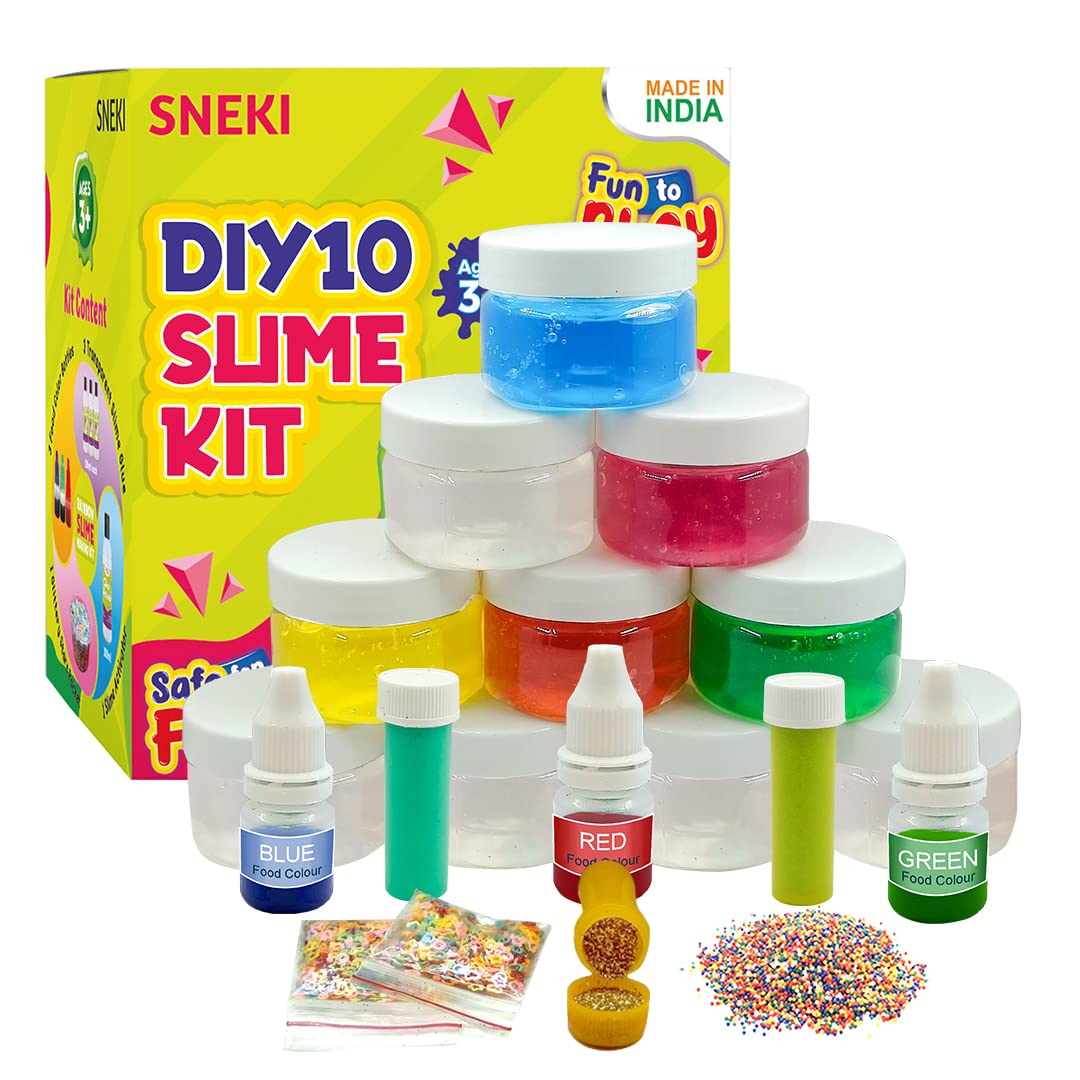 SNEKI 10 Slime Kit Non Sticky Crystal Clay Kids Slime Jelly Putty Toy for Kids Educational Creative DIY Toys Stress Relief Toy Kit for Girls Boys with Glitter Charms Stars Food Colors Beads Ball Set
