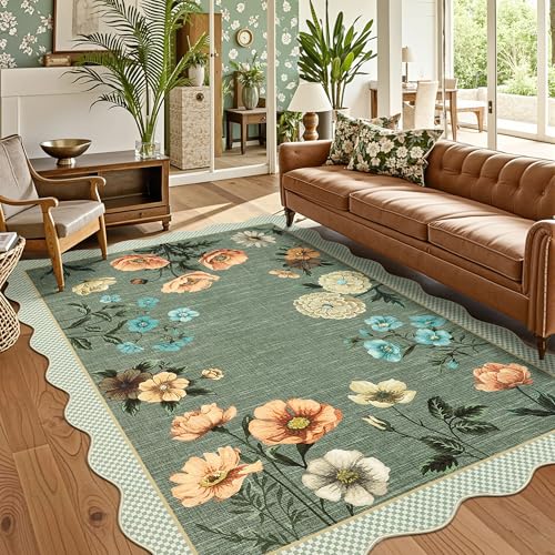 GarveeHome Floral Scalloped Washable Rugs 9x12, Non-Slip Low Pile Living Room Rugs 9x12, Soft Bedroom Rug Stain Resistance Boho Throw Rug with Rubber Back for Dining Room, Green