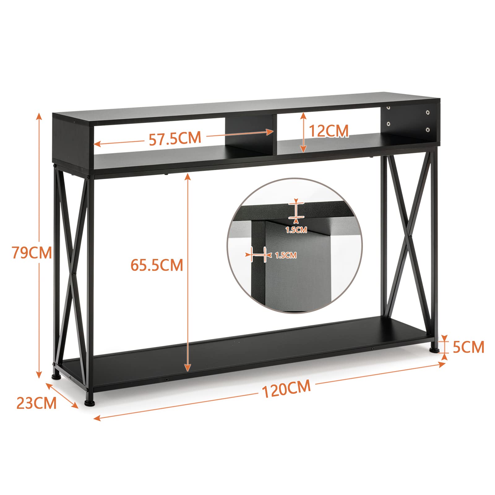 COSTWAY Consolle Ingresso a 2 Livelli, Tavolo Consolle in Legno e Metallo con Ripiani e Piedini Regolabili, Tavolo d’Ingresso Stretto Moderno per Salotto e Corridoio, 120 x 23 x 79 cm (Nero)