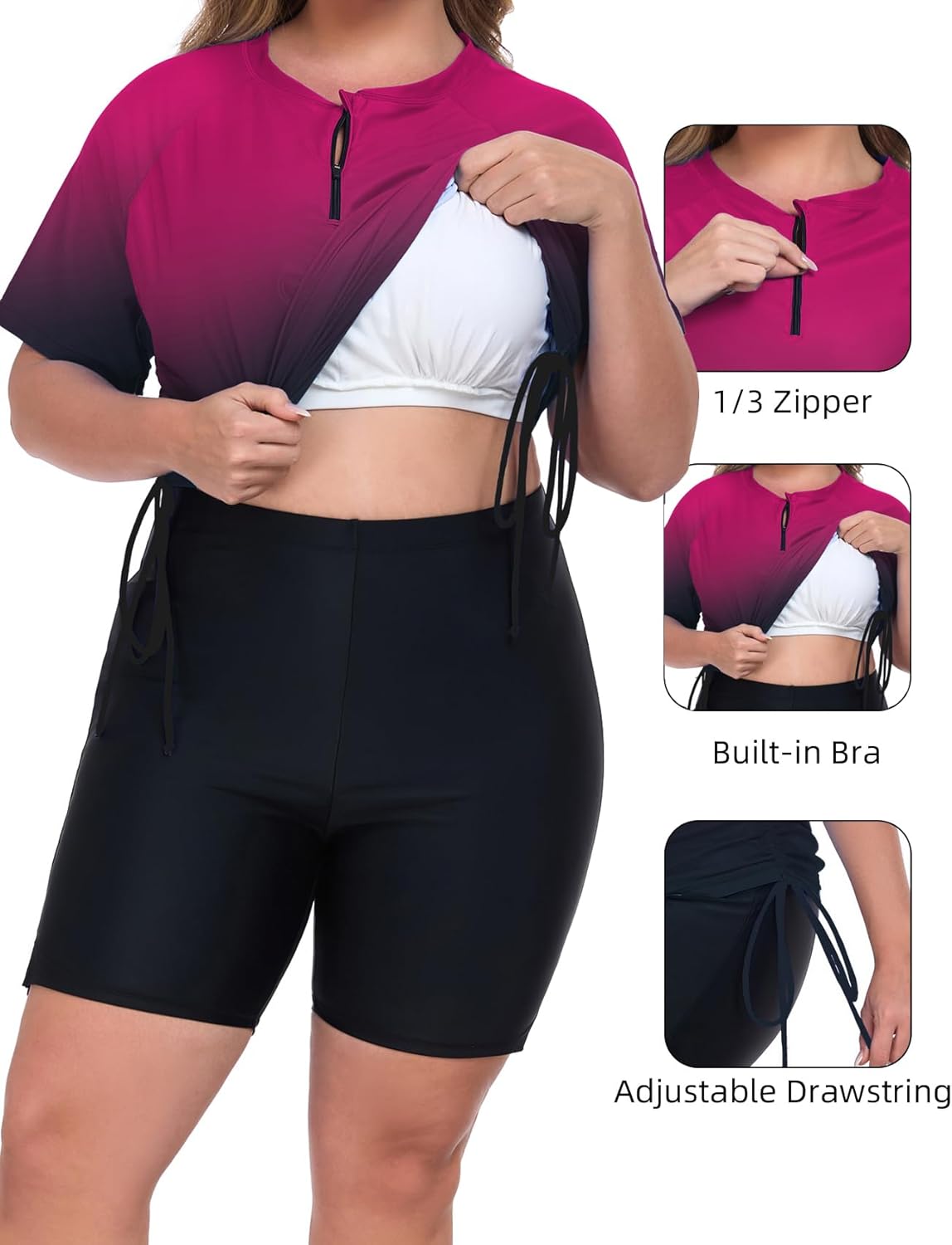 Inno Built-in Bra Plus Size Swimsuit for Women 2 Piece Zip Swim Top UPF 50+ Adjustable Ruched Side Rash Guard 2026