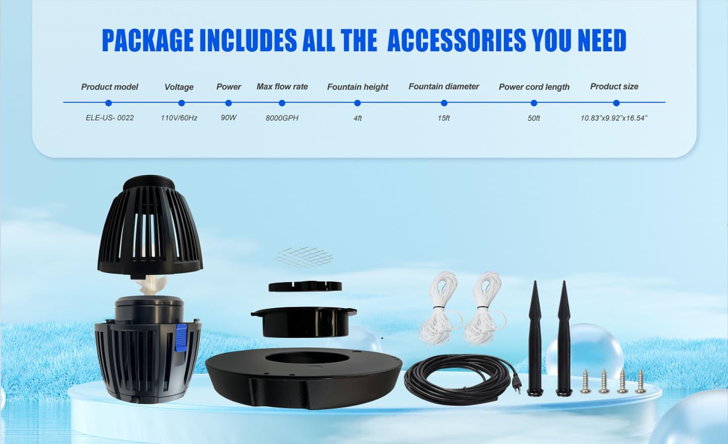 Pond Fountain Aerator， Floating Fountain with 8000 GPH Fountain Pump, 50’ Power Cord, Classic Crown Spray Pattern 4’x9’ for Pond, Lake, Swimming Pool &Water Garden.