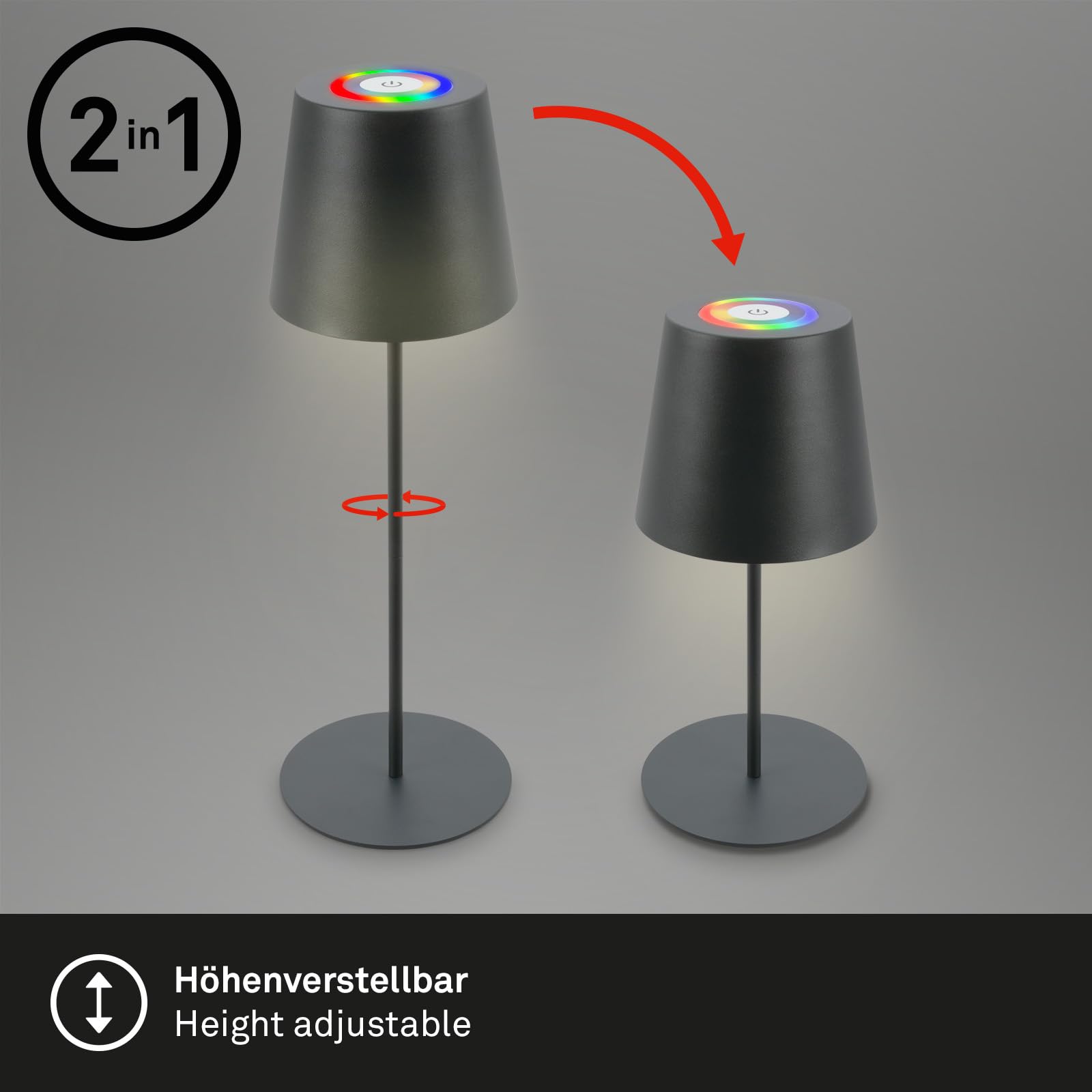 BRILONER - Draadloze led-tafellamp met touch, dimbaar in standen, in hoogte verstelbaar, bedlampje, leeslamp, led-lamp, campinglamp, tafellamp, acculamp, buitenlamp, 38 x 12 cm, antiek zilver