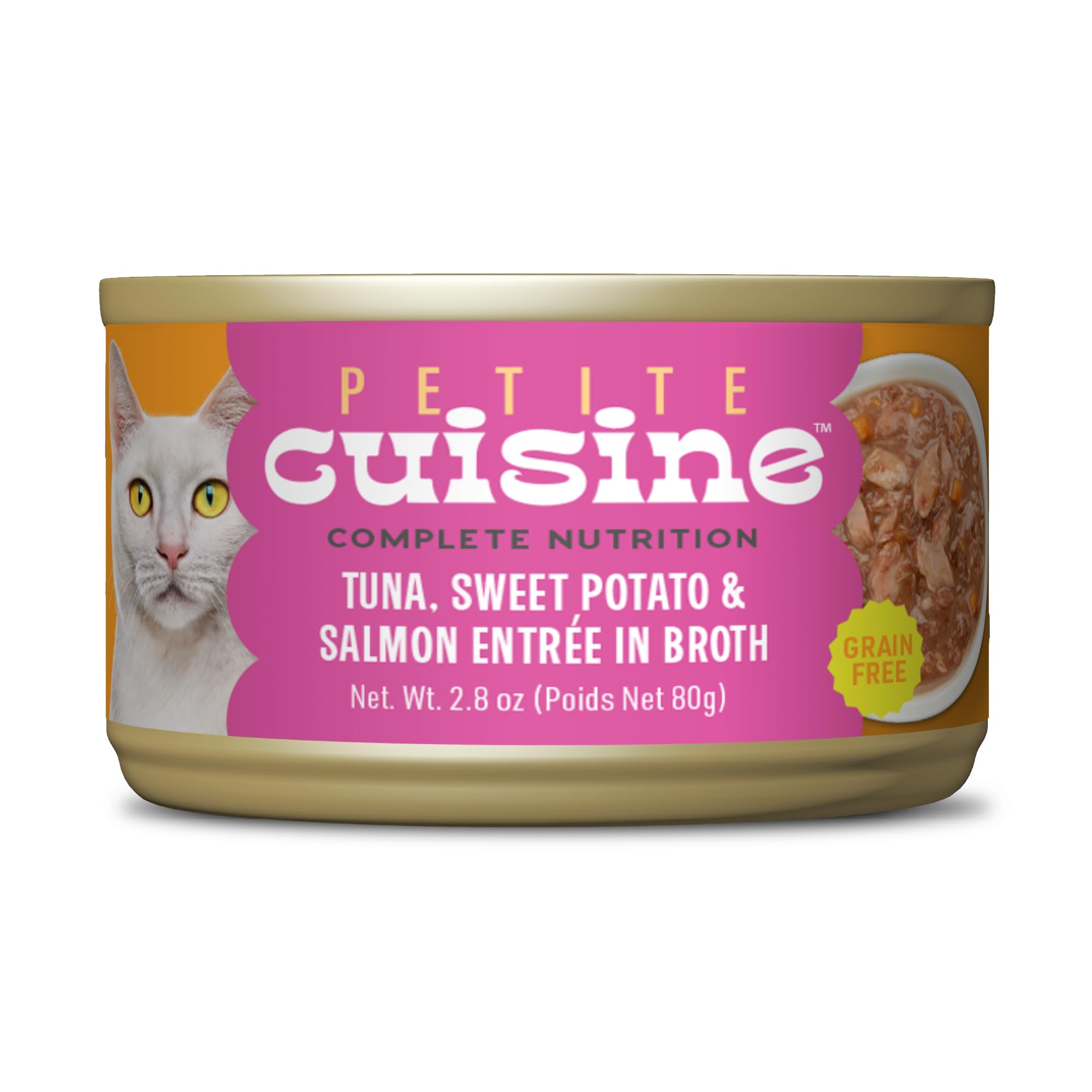 PETITE CUISINE Whole Foods Wet Cat Food, Tuna, Sweet Potato & Salmon Entree in Broth, 2.8 oz. Can (24 Count)