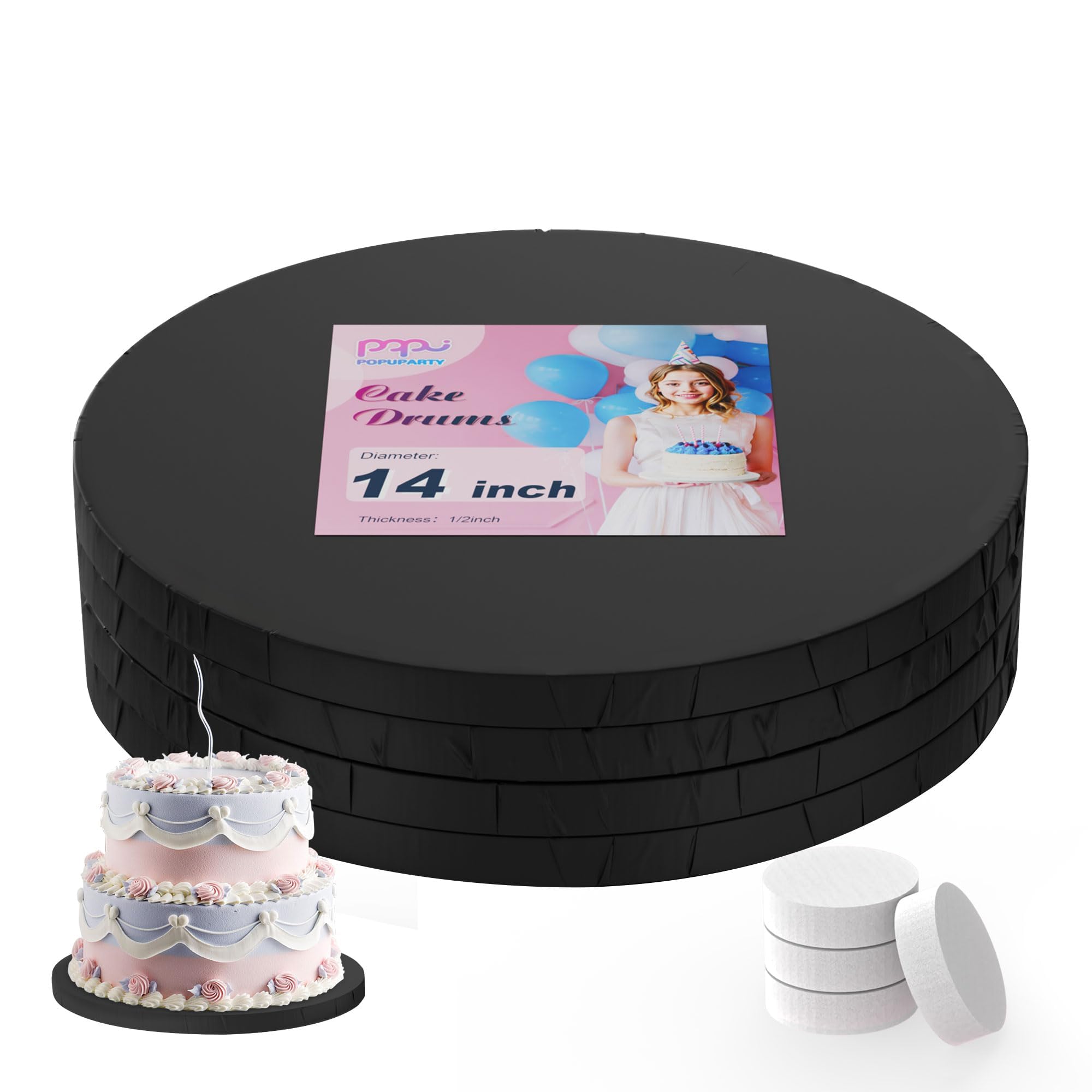 POPUPARTY Cake Boards 14 Inch Round,Greaseproof 14 Inch Cake Boards,1/2" Thick Black Cake Base with Prop Up Tool for Multi-Tiered Cakes of Birthday,
