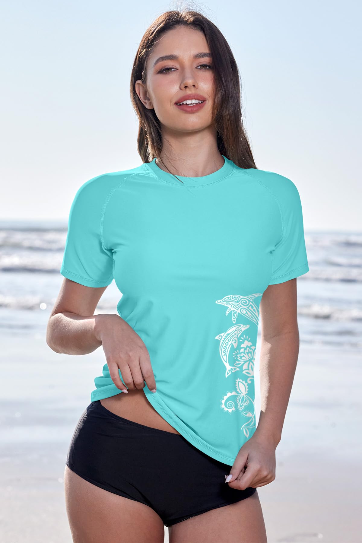 BesserBay Camiseta de manga corta Rash Guard para mujer, con bonitos estampados, con protección UV UPF 50+, tallas S-XXL, azul