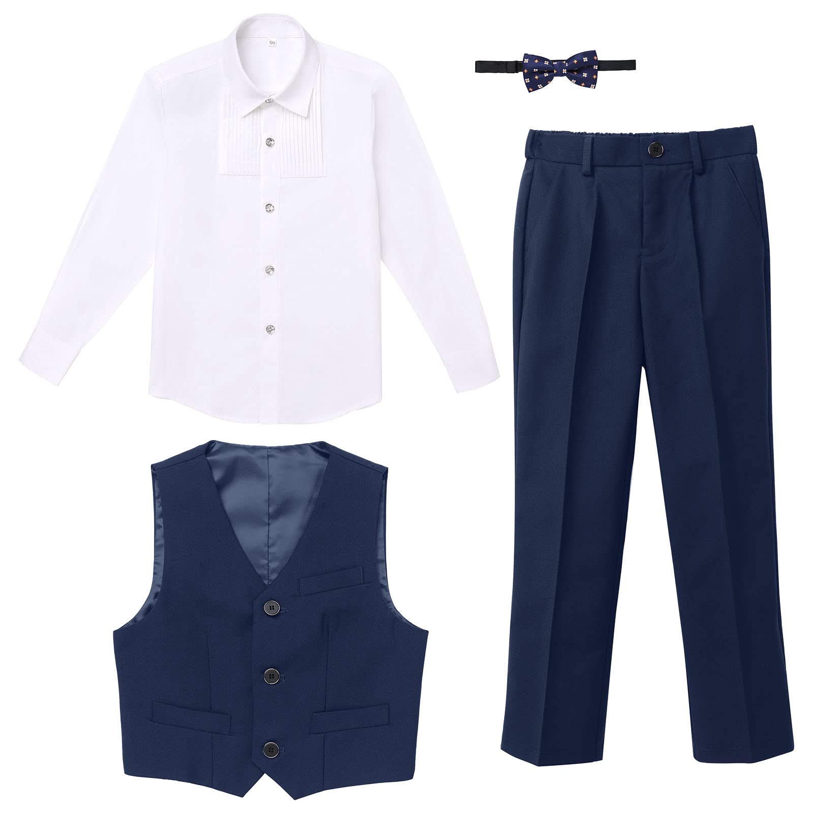 FYMNSI Gentilhomme Tenues de Smoking pour Enfant Garçon Chemise à Manche Longue + Noeud Papillon + Gilet + Pantalon Ensemble de Formel Fête di Mariage Cérémonie 4-16 Ans