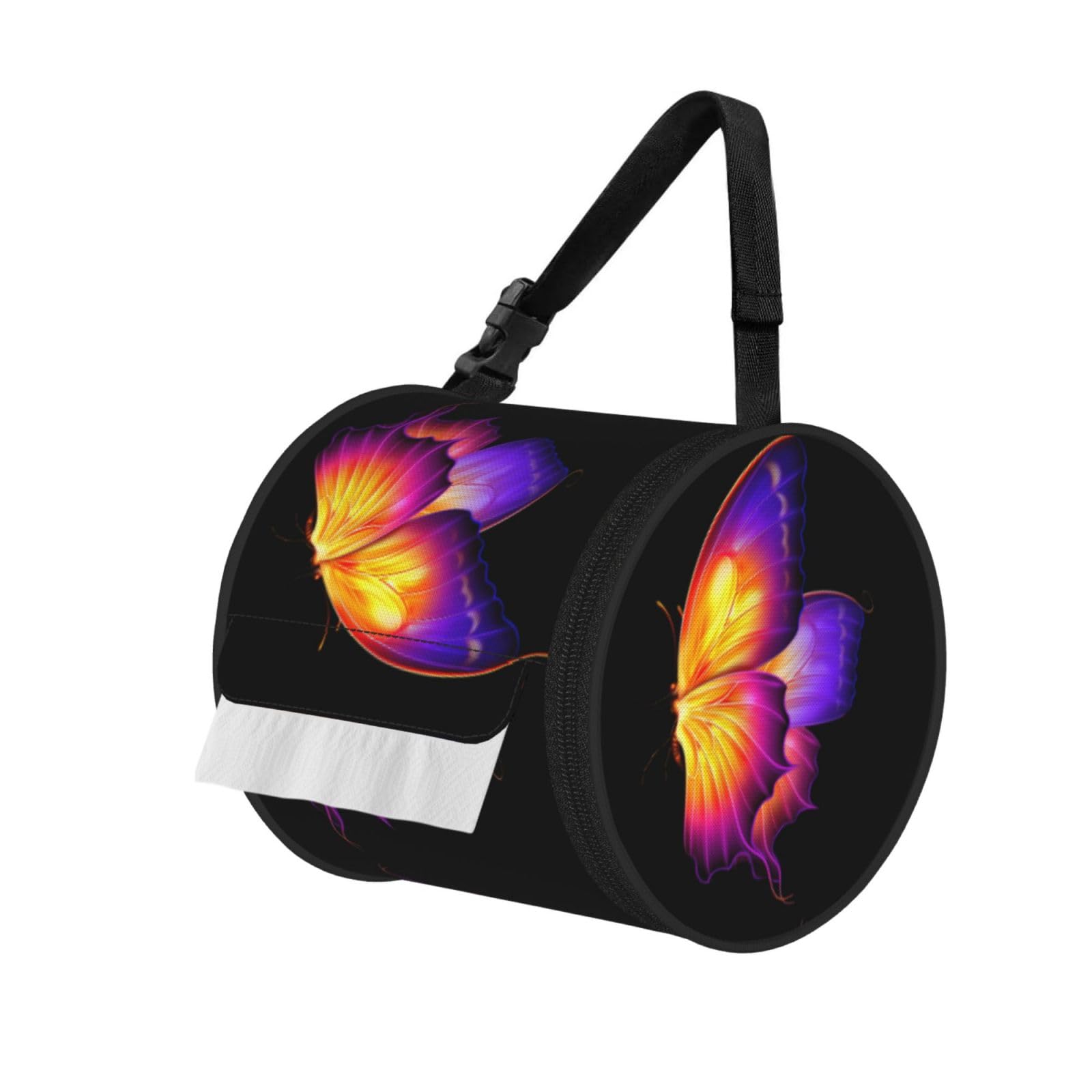Purple Butterfly Printed Roll Paper Carrier Bag, Foldable Oxford Cloth Tissue Case for Camping Hiking Backpack