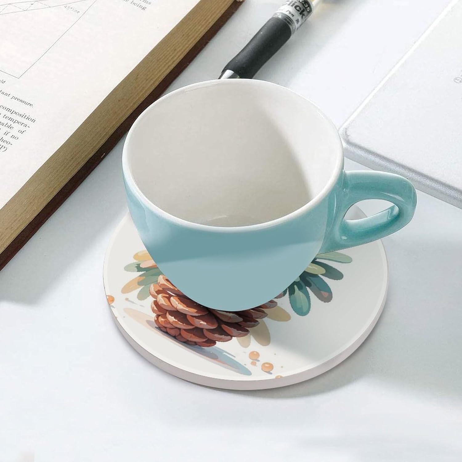 6PCS Watercolor Pine Cone Coasters Non-Slip Round Drink Coasters with Ceramic Stone and Cork Base, Heat Resistant Absorbent 33.00Stone Coaster Set for Kinds of Mugs and Cups, 4 Inch