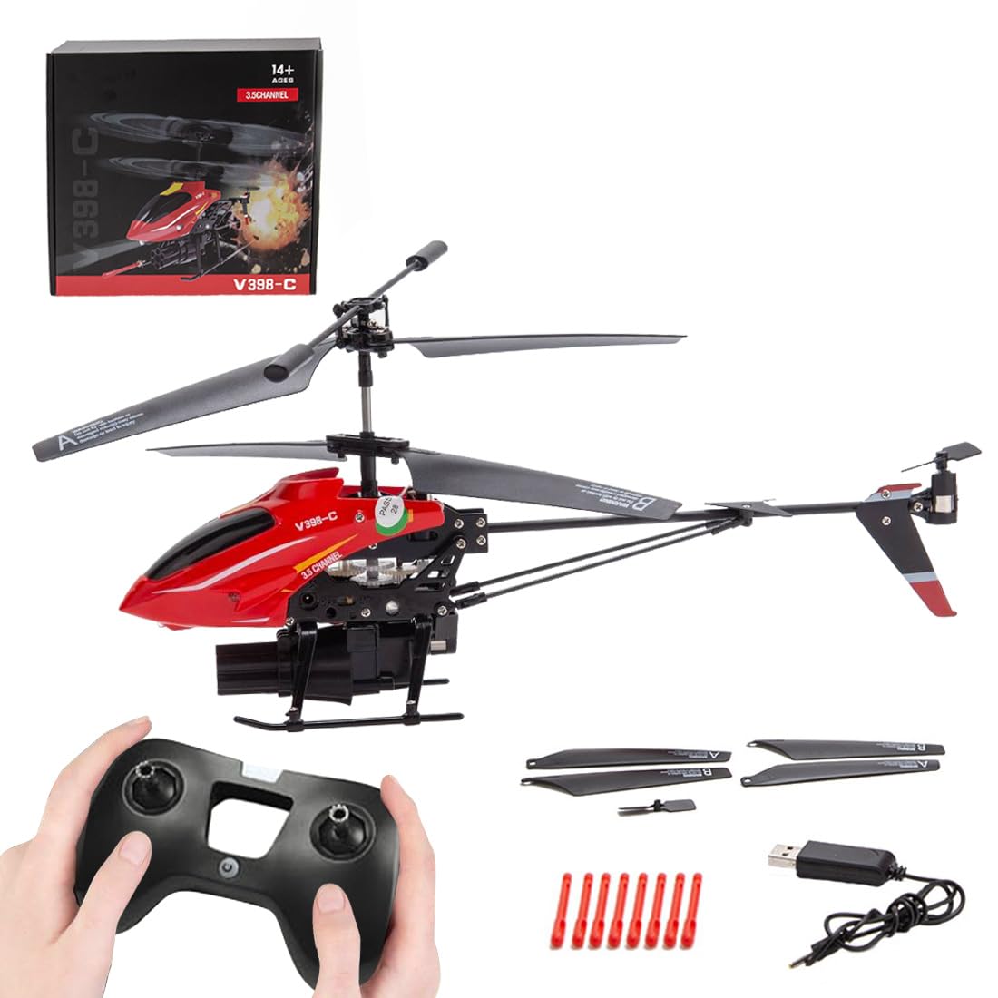 BlocteckToy RC Helicopters for Adults, V398-C Missile Aircraft 2.4G 4CH Dual-Blade RC Helicopter With Adjustable Left/Right Hand Throttle (RTF Version)