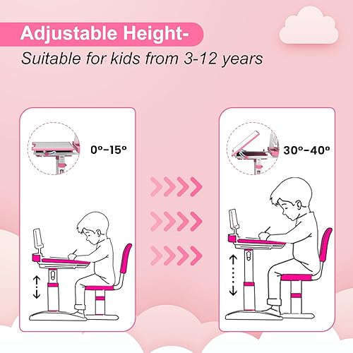 Miniatura 21 de Escritorio escolar para niños con 3 modos de luz LED, escritorio de altura ajustable para dormitorio de niños con escritorio inclinable, escritorio