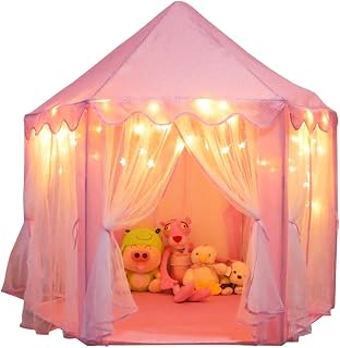 Orian Princess Castle Play Tent with LED Star Lights - Pink Indoor Outdoor Playhouse for Girls Ages 2-7, 55x53 Polyester