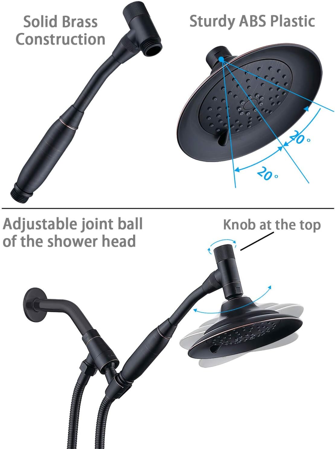G-Promise Double Height Positioning Shower Head, High Pressure Shower Heads with Handheld Spray, Adjustable Metal Holder, Extra Long Stainless Steel Flexible Hose (Bronze)