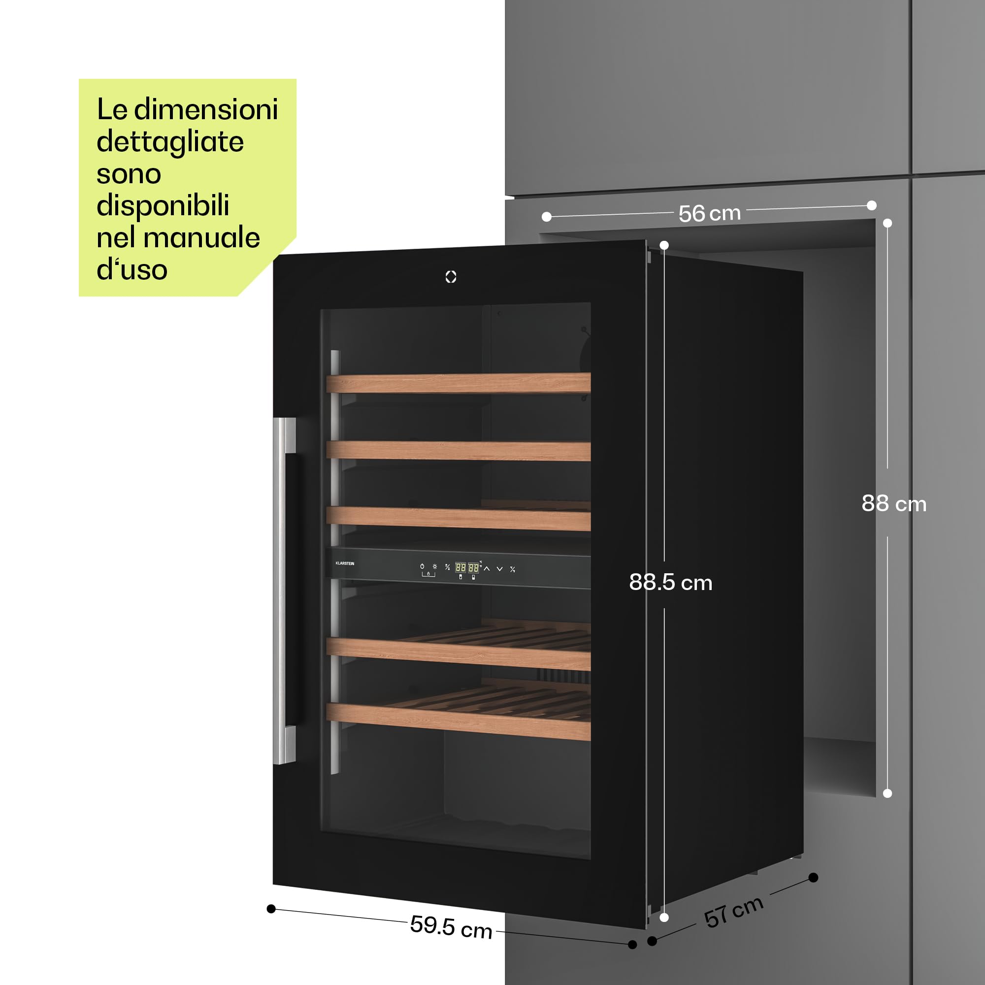 KLARSTEIN Illuminosa Cantinetta Vino da Incasso - 57 Bottiglie, Doppia Zona, 5-22°C, Touch, LED, Ripiani Legno, Porta UV, Silenziosa, Cantina Frigo per Vino