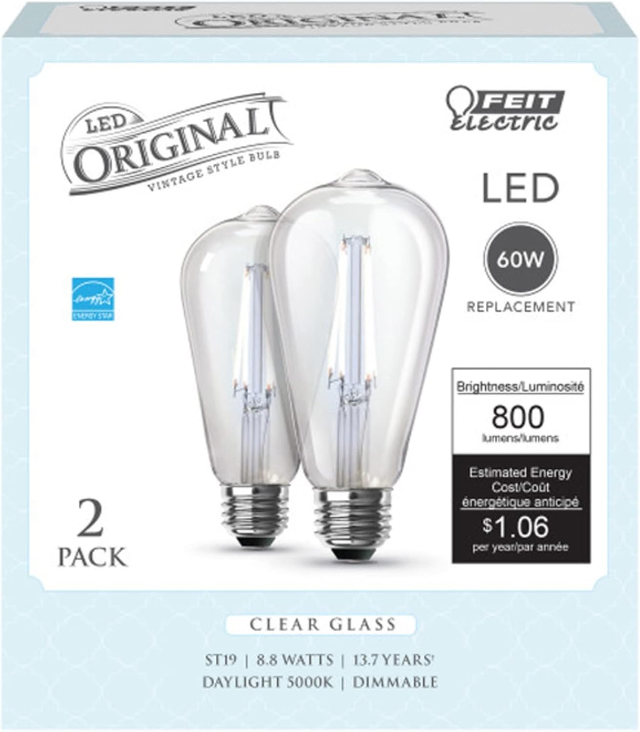 Feit Electric ST19 E26 (Medium) Filament LED Bulb Daylight 60 Watt Equivalence 2 pk - Case of: 1;
