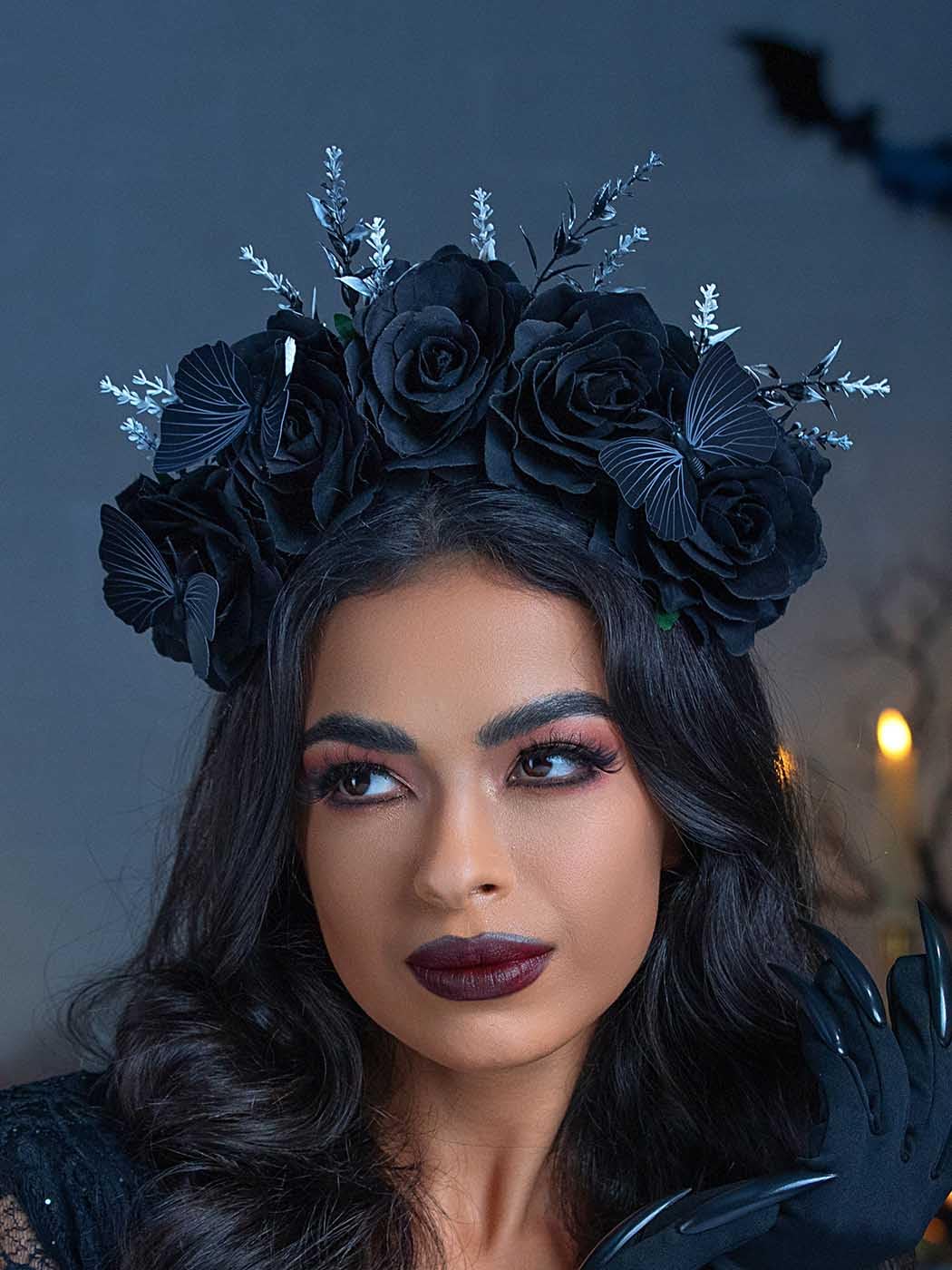 IYOU Day of the Dead Headband Black Rose Flower Hair Bands Butterfly Costume Headpiece Rave Carnival Festival Halloween Hair Accessories for Women - Image 3