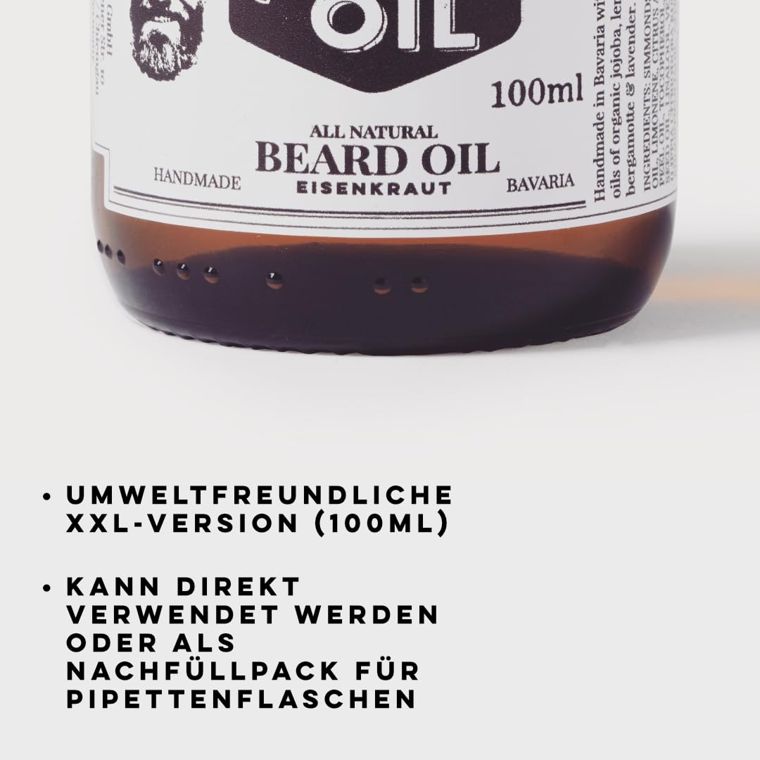 Beyer's Oil Bartöl Eisenkraut XXL 100 ml - 100% natürliche Bartpflege mit Bio Jojobaöl - Pflegt die Haut, macht den Bart weich
