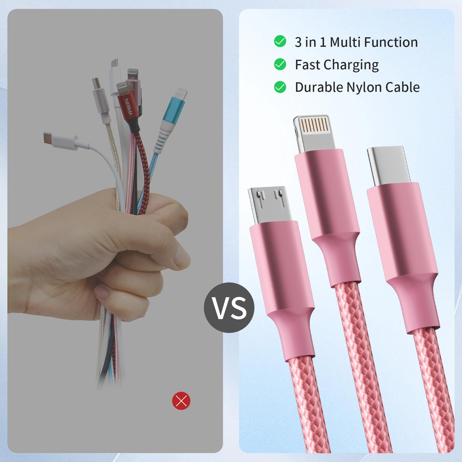 3-in-1 Fast USB Charging Cable – Multi-Function, 8Pin/Micro/USB-C – Liquid Silicone