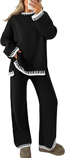 Womens Casual 2 Piece Outfits Sweater Sets Long Sleeve Pullover Tops Wide Leg Pants Lounge Set