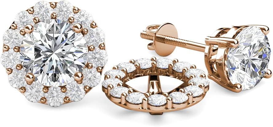 Round White Sapphire 0.82 ctw Halo Jackets for Stud Earrings in 14K Red Gold