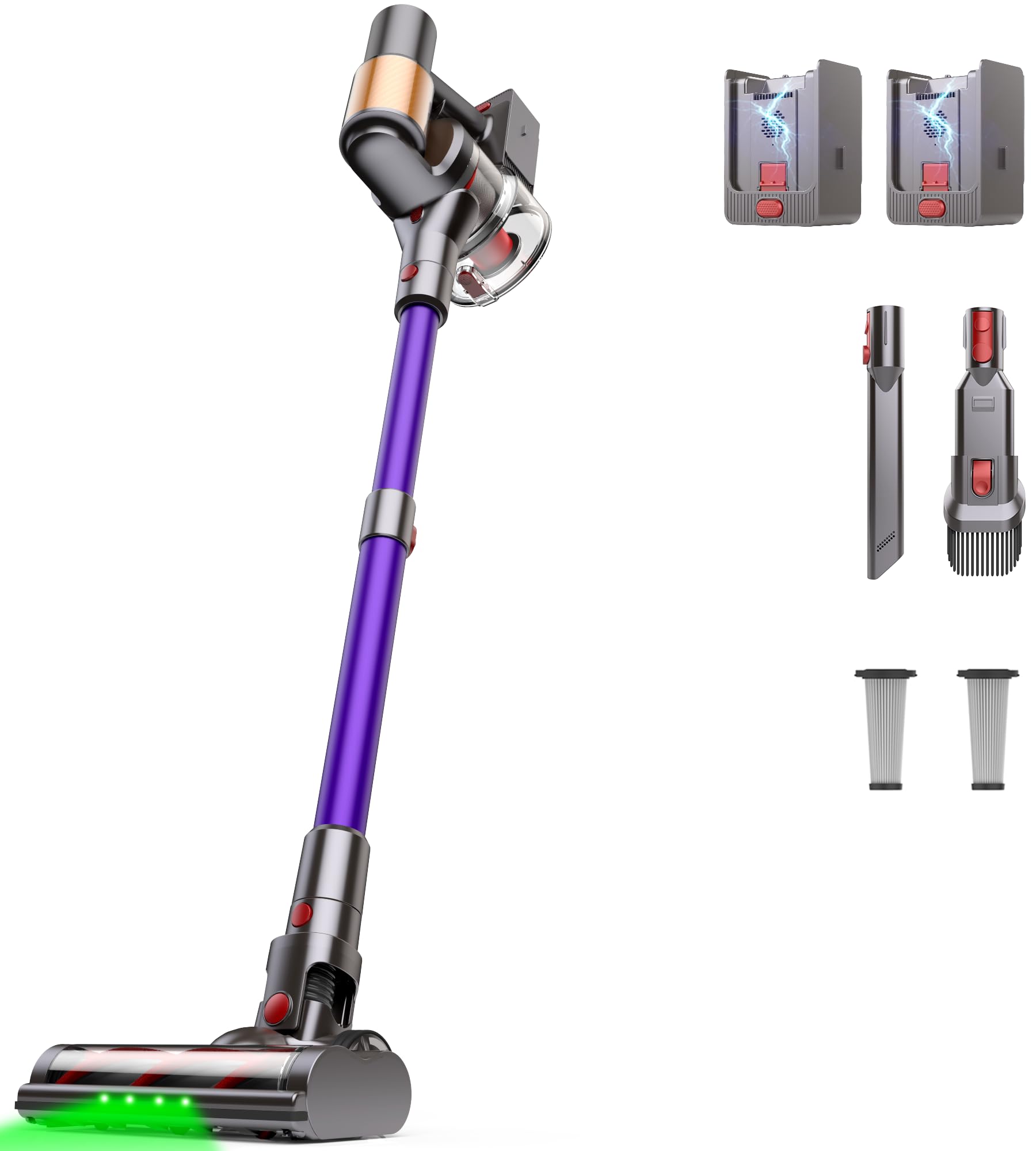 Aspiradora inalámbrica Snowkuna con 2 baterías, 120 minutos de autonomía, 45 kPa, 550 W, aspiradora de escoba con diseño antienredos, aspiradora autónoma para el hogar, pisos de madera, alfombras y pelo de mascotas.