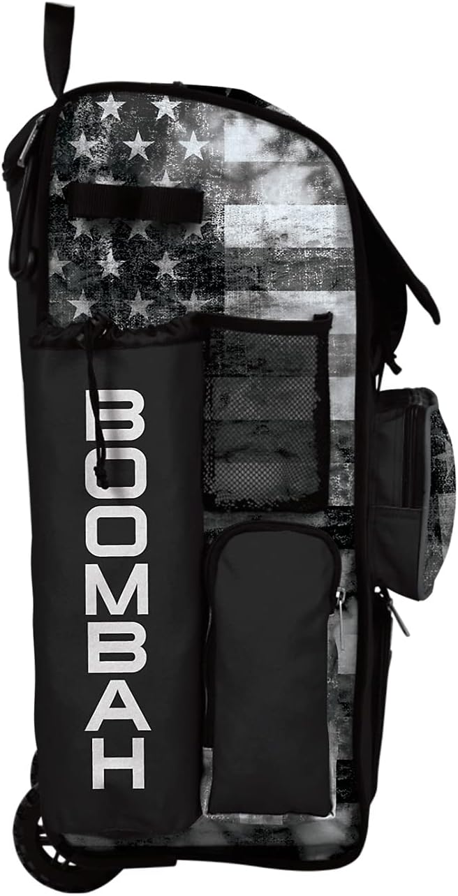 Boombah Rolling Superpack 2.0 Baseball/Softball Gear Bag - 23-1/2" x 13-1/2" x 9-1/2" - USA Old Glory Black Ops Black/Charcoal/White - Telescopic Handle - Holds 4 Bats - Wheeled Version