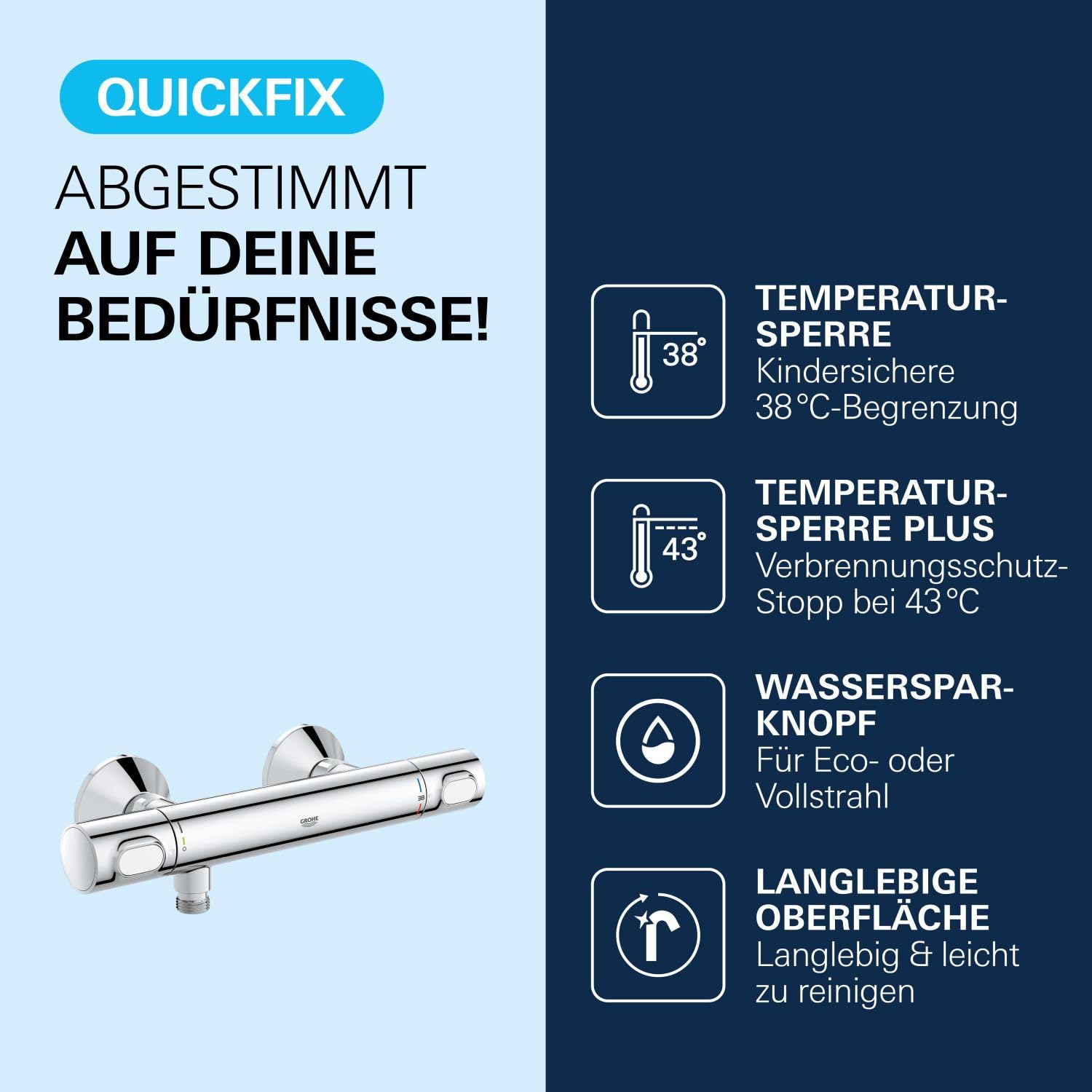 GROHE Precision Flow, Duscharmatur wassersparend (Thermostat hält Temperatur konstant, Verbrühschutz bei 38°C, Mischbatterie mit Wasserspartaste für die Dusche, mit 3in1 Werkzeug), chrom, 34840000