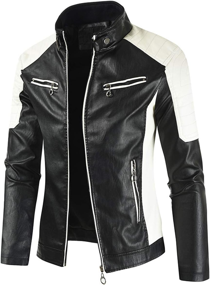 chouyatou Men's Casual Lightweight Color Block Moto Biker Faux Leather Jacket
