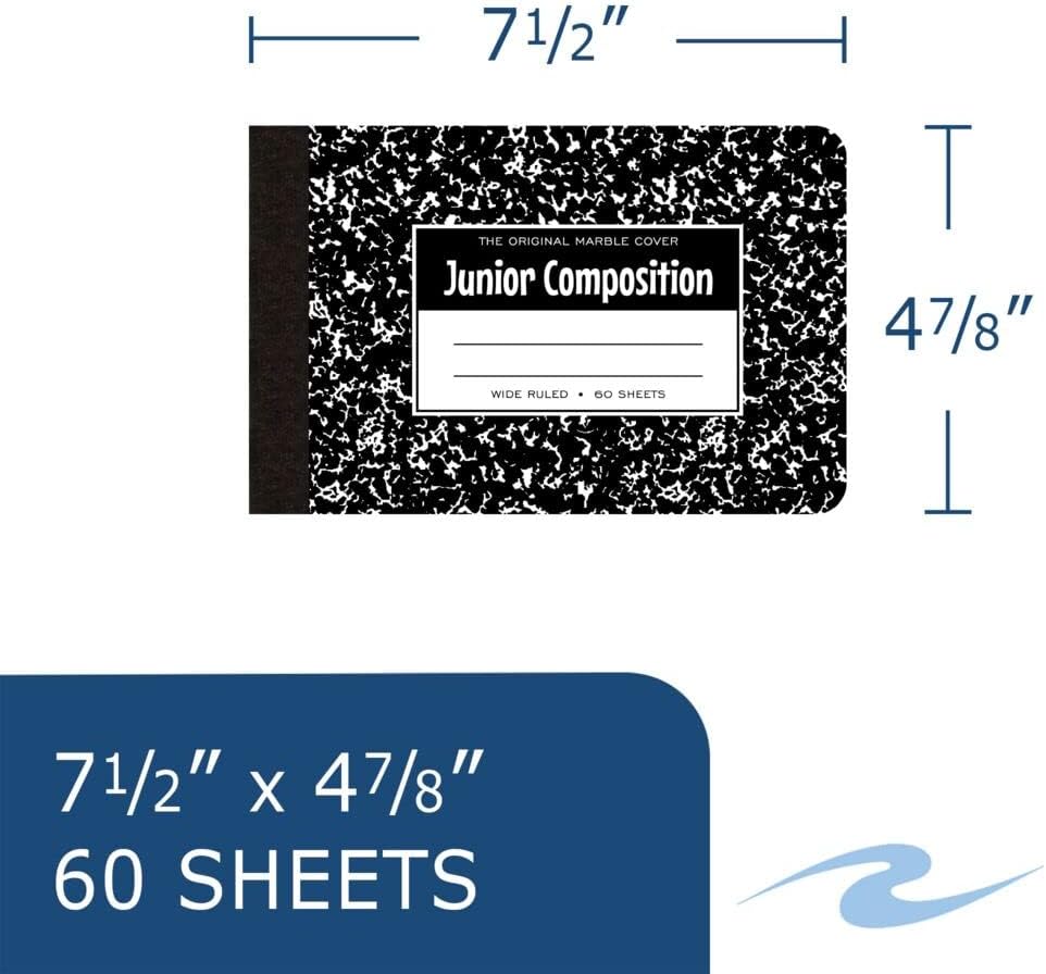 Roaring Spring Junior Marble Composition Books, Case of 48, Specially Sized 4.875"x7.5" for Smaller Users, 60 Sheets 15# White Wide Ruled Paper, Hard Board Black Marble Covers