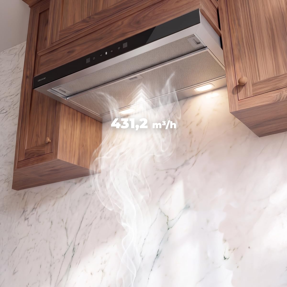 Cecotec Okap teleskopowy 60 cm Bolero Flux TLT 604400 Glass Black A+++. Ssanie 431,2 m³/h, niskie zużycie prądu, silnik DC, kontrola ruchu i dotyk, szkło przednie czarny, korpus ze stali nierdzewnej