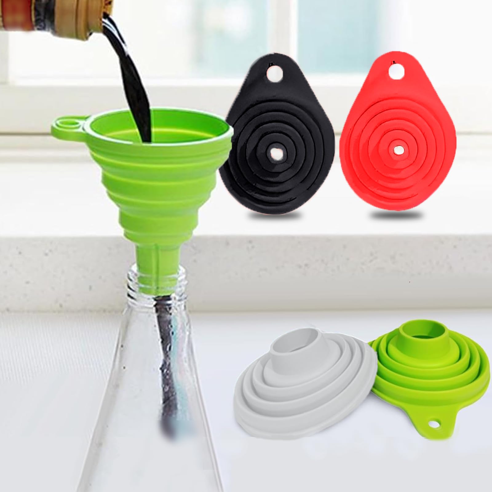 4 Pack Kitchen Funnel Set Food Grade Silicone Collapsible Funnel Funnels for Kitchen Use Filling Bottles(Mix)