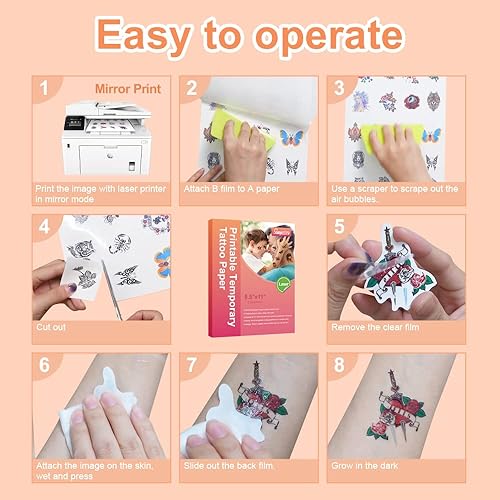 Miniatura 6 de Stampcolour Papel de tatuaje temporal imprimible para impresora láser, 8.5 x 11 pulgadas, 30 hojas de tatuajes personalizados impermeables para