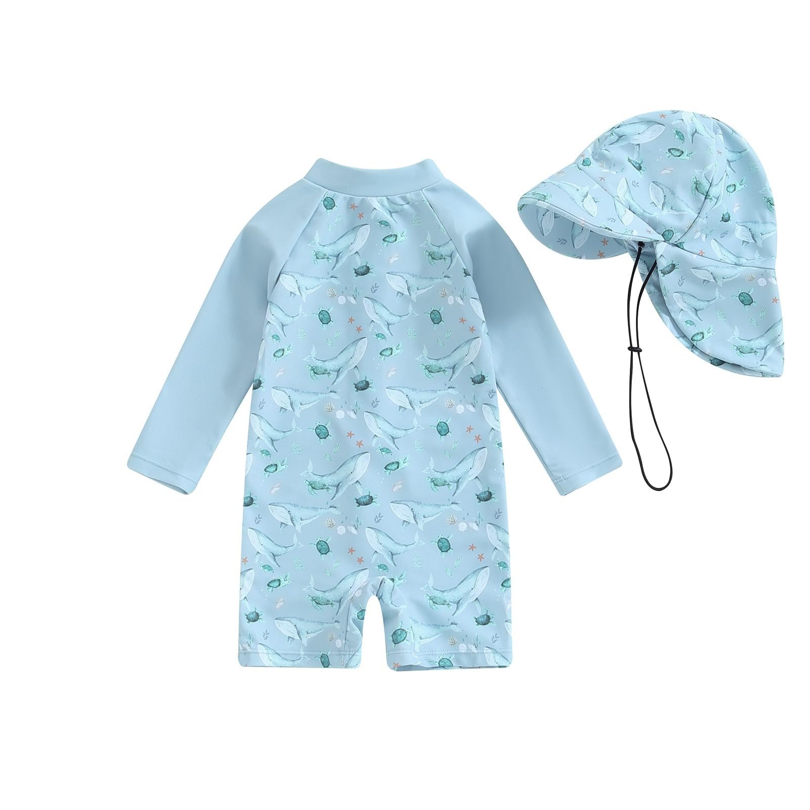 Lanunlly Bañador Bebe Niña Protección UV, Traje de Baño Bebé Niño UPF50+ con Gorro de Sol Bañadores Manga Larga Rash Guard con Cremallera Cómoda y Transpirable Verano Playa Vacaciones Piscina para 0-3 Años