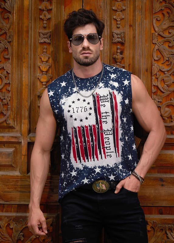 Vista 8 de Mainfini Camiseta sin mangas con la bandera estadounidense para hombre, camiseta sin mangas con gráficos musculares para gimnasio (S-3XL)