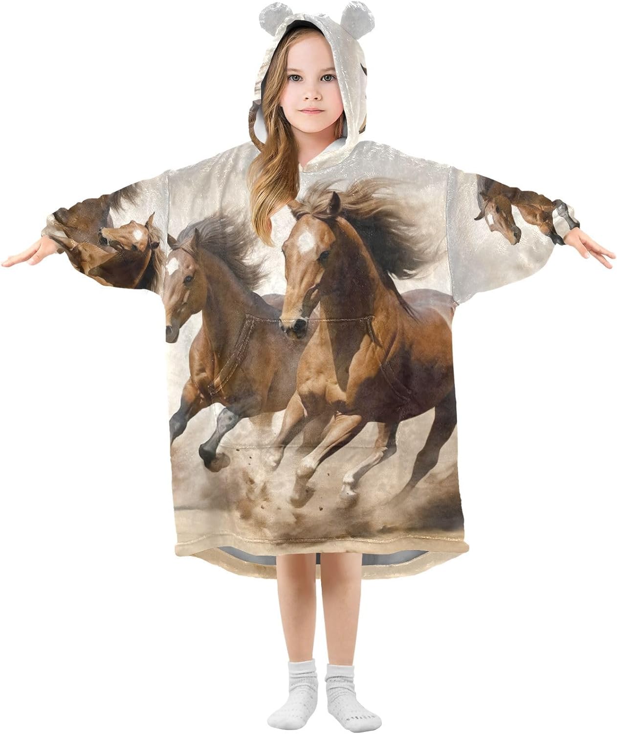 Running Horses Wearable Blanket Hoodie for Kids Oversized Sherpa Hooded Blanket Cozy Warm Gift