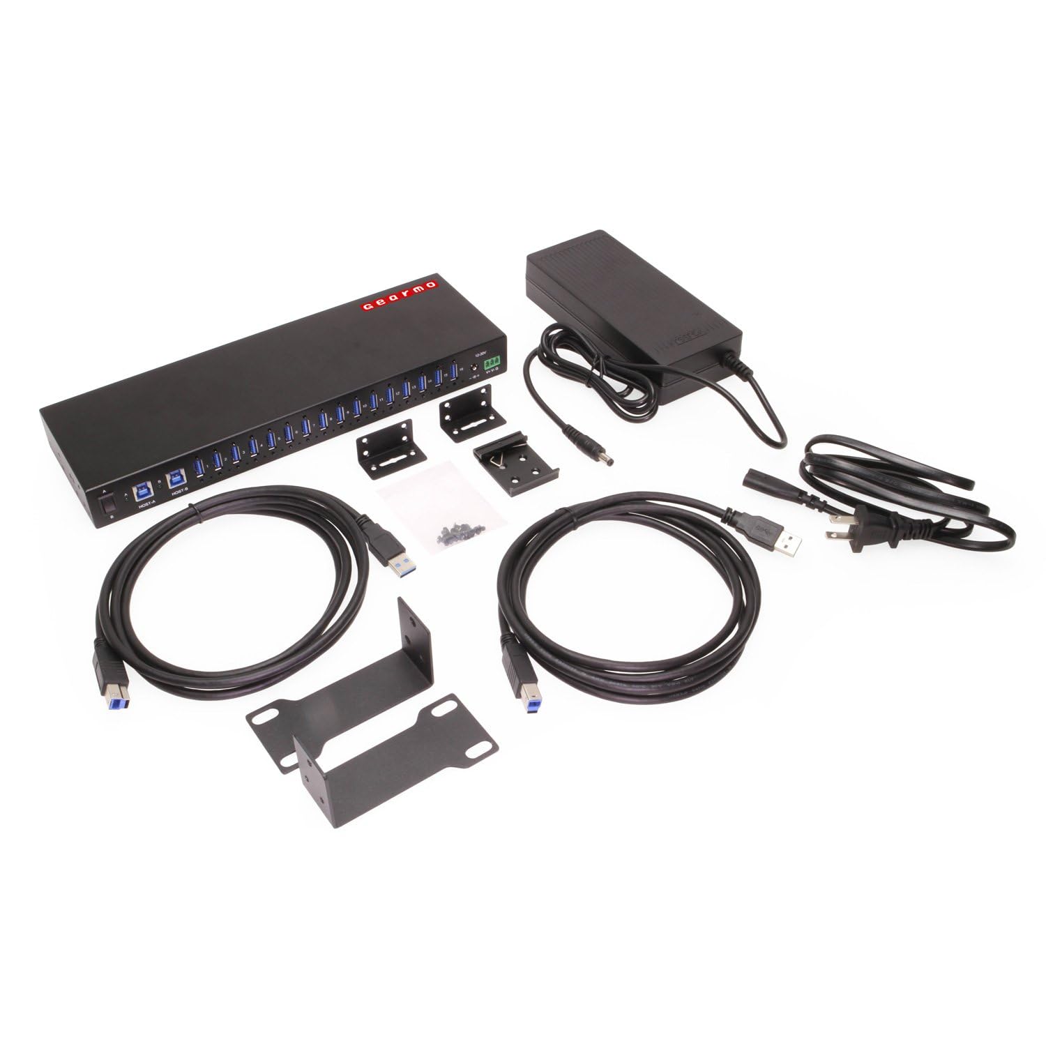 Gearmo Hub USB de montaje en rack de 16 puertos, puertos USB 3.0 tipo A, puertos dobles ascendentes, velocidad de 5 Gbps, protección contra sobretensiones ESD, concentrador USB industrial de 1U