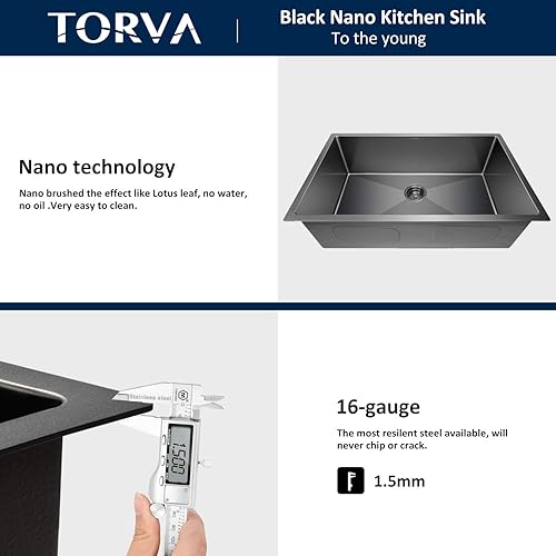 Miniatura 7 de TORVA - Fregadero de cocina de montaje bajo con revestimiento cerámico negro brillante de 25 x 18 pulgadas con NanoTek, fregadero de acero