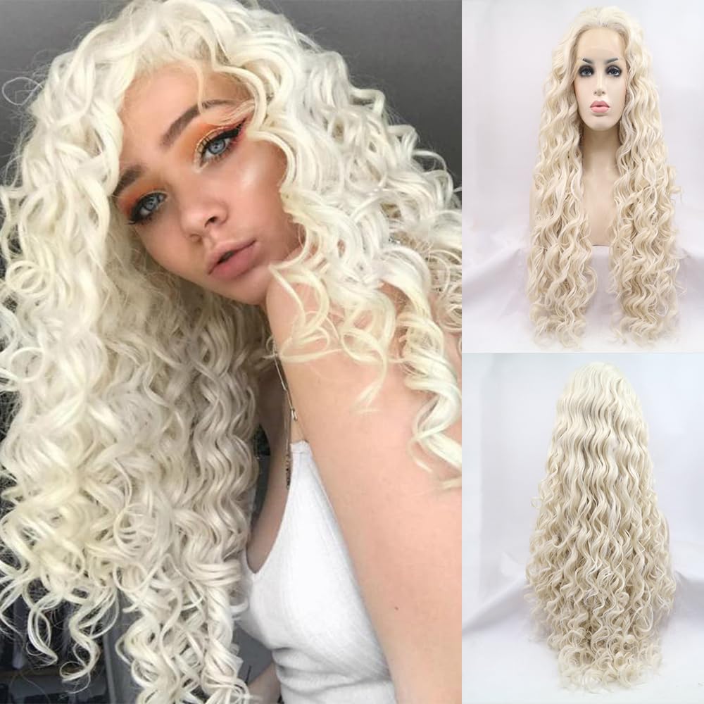xiweiya 60# Platinum Blonde Curly Wig Long Curly Wavy White Synthetic Lace Front Wig Heat Resistant Hair Wigs 13x3 big Lace Natural Looking Hair For