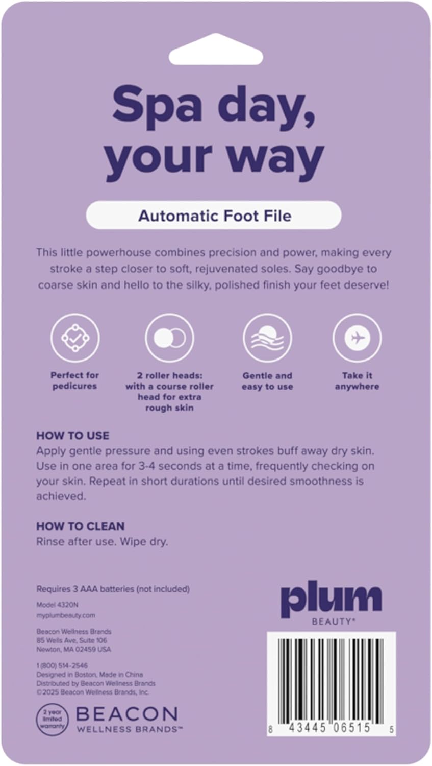 Plum Beauty Automatic Foot File – Electronic Callus Remover for Feet | Includes 2 Roller Heads (Coarse & Regular) – Portable Pedicure Tool for Dry & Rough Skin – Use Wet or Dry